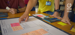 A foto mostra uma mesa com um documento em folha A4 de um Business Model Canvas. Em volta da mesa estão pessoas, que na foto aparece apenas braços e mãos, que apontam para o documento que está apoiado sobre a mesa. Fim da descrição.