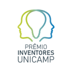 logo do Prêmio Inventores nas cores verde claro e azul. O desenho são duas cabeças que formam uma lâmpada e embaixo o texto Prêmio Inventores Unicamp