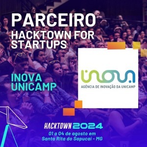 Imagem de divulgação da parceria da Inova Unicamp com hacktown for startups. Fim da descrição.