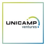 Logo colorido do Unicamp Ventures. À direita, tem um arco com gradiente do verde para o azul. Fim da descrição.