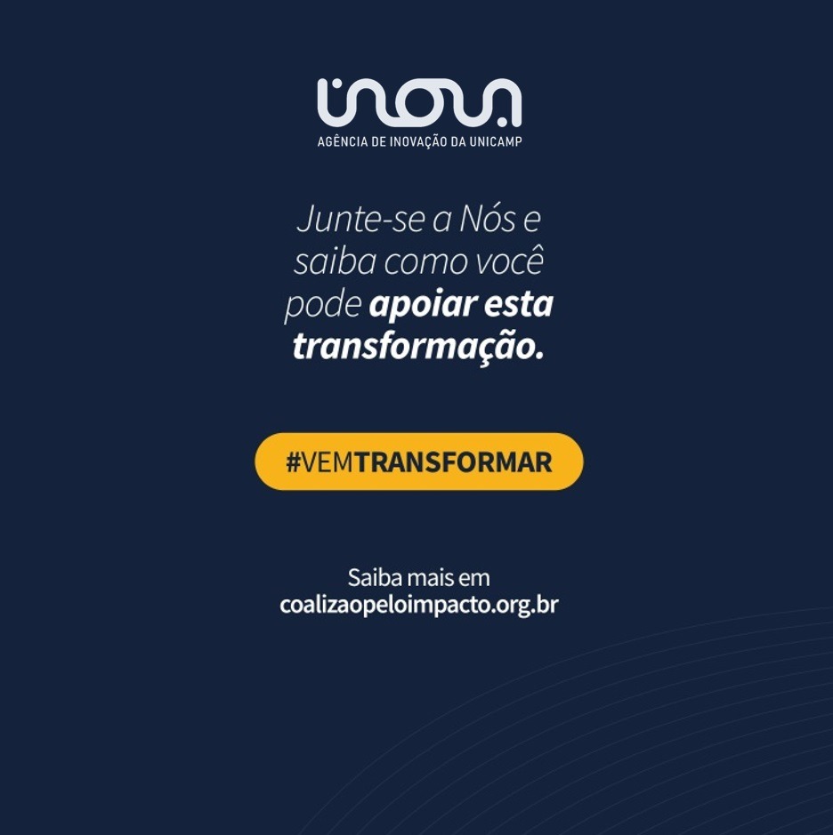 Imagem com fundo azul escuro. Nela o logotipo da Inova no topo e abaixo o texto: "Junte-se a nós e saiba como você pode apoiar esta transformação". Fim da descrição.