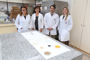 A equipe de pesquisadores da FEA, formada por (da esq. para a dir.) Rosiane Lopes da Cunha, Marise Aparecida Rodrigues Pollonio, João Luís Faneco Paschoa e Rosana Goldbeck, está enfileirada em frente a uma bancada de mármore onde estão amostras dos ingredientes utilizados no desenvolvimento da emulsão gel com potencial de substituir, de forma mais saudável, a gordura animal saturada. Fim da descrição.