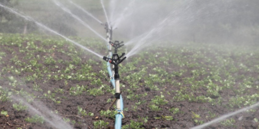 Fotografia colorida de um esguicho no momento da irrigação de uma lavoura. Fim da descrição.