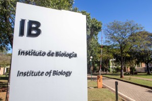 Foto colorida mostra totem prateado onde lê-se IB Instituto de Biologia. Ao fundo vê-se uma praça arborizada e parcialmente o prédio. 