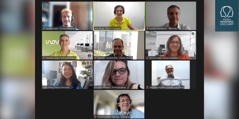 Captura de tela da apresentação realizada no Zoom para o Webinar do Prêmio Inventores da Unicamp. O registro conta com painelistas e colaboradores da Inova Unicamp, que estão com as câmeras abertas, dispostas cada um em um bloco retangular. Fim da descrição.