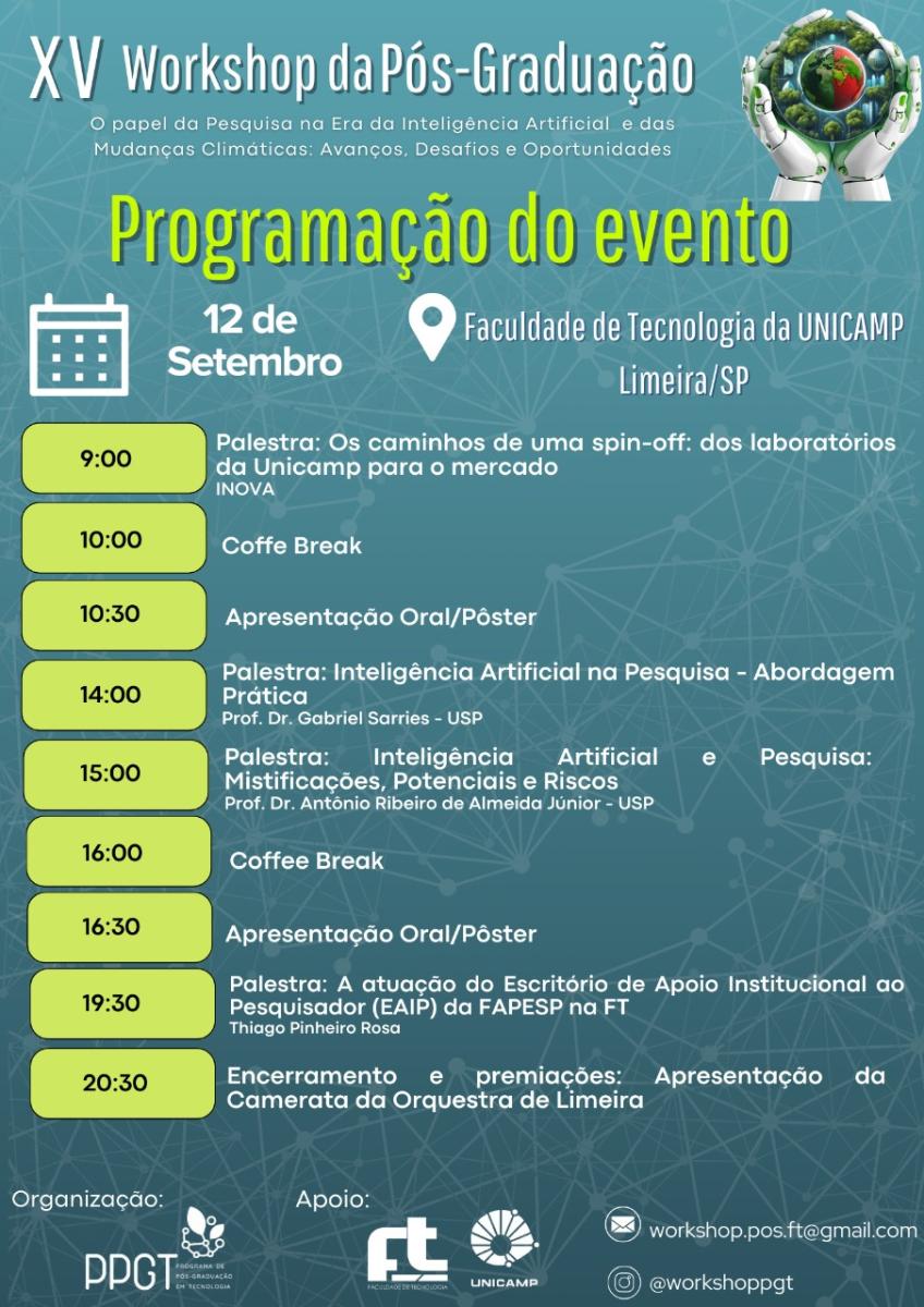 Banner de divulgação da programação do décimo quinto workshop da pós graduação da Faculdade de Tecnologia. Fim da descrição.