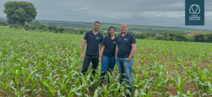 Na fotografia estão os três fundadores da startup, em pé, no meio de um campo de plantações. Eles estão vestindo uma camiseta polo na cor azul escura e com o logo da startup, escrito B.nano. Dois são homens e a que está no meio deles é uma mulher. Todos são brancos e vestem calça jeans. Fim da descrição.