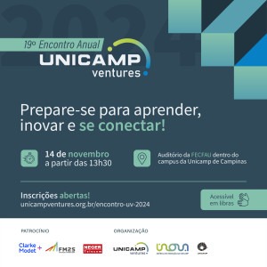 Banner de divulgação do décimo nono encontro anual Unicamp Ventures. Fim da descrição.