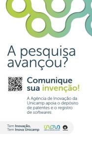 A imagem mostra um pôster branco, com um padrão de linhas curvas em tons de verde, que se cruzam e formam círculos. Na parte superior da imagem, a pergunta "A pesquisa avançou? Comunique sua invenção! Agência de Inovação da Unicamp oferece apoio no depósito de patentes e no registro de softwares" em letras grandes e coloridas. Um QR code convida o leitor a obter mais informações de forma rápida e prática. Fim da descrição.