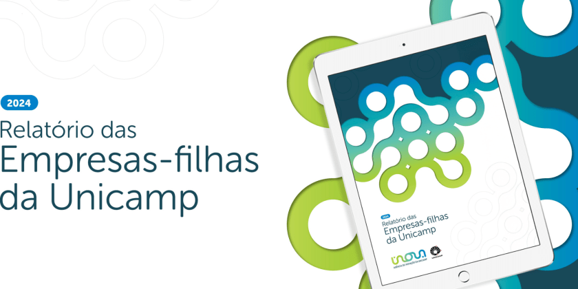 Arte contendo um tablet com a capa do Relatório Anual das Empresas-Filhas da Unicamp de 2024. Texto da imagem: Relatório de Empresas-filhas da Unicamp. 2024.