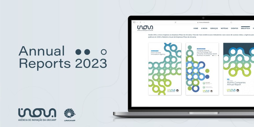 Arte gráfica com um notebook contendo imagens das capas dos relatórios da Inova Unicamp em inglês. Texto da imagem: annual reports 2023. Fim da descrição.