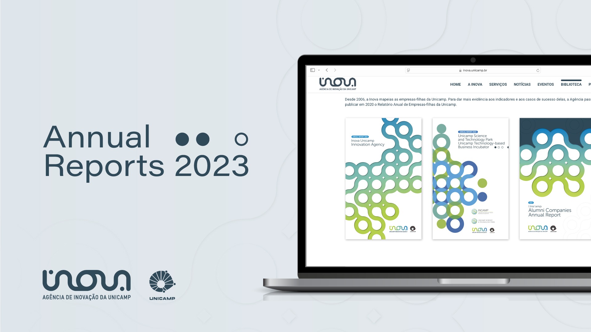 Arte gráfica com um notebook contendo imagens das capas dos relatórios da Inova Unicamp em inglês. Texto da imagem: annual reports 2023. Fim da descrição.