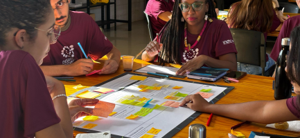 Na imagem estão pessoas sentadas em uma mesa redonda preenchendo um documento grande, que é um Business Model Canvas. Eles são participantes da Semana do Empreendedorismo. Fim da descrição.